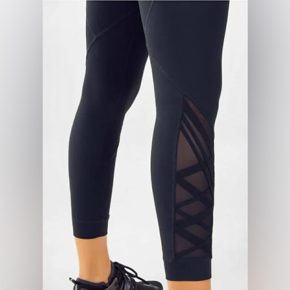Fabletics Black Capri Leggings with Mesh Lattice Panels
